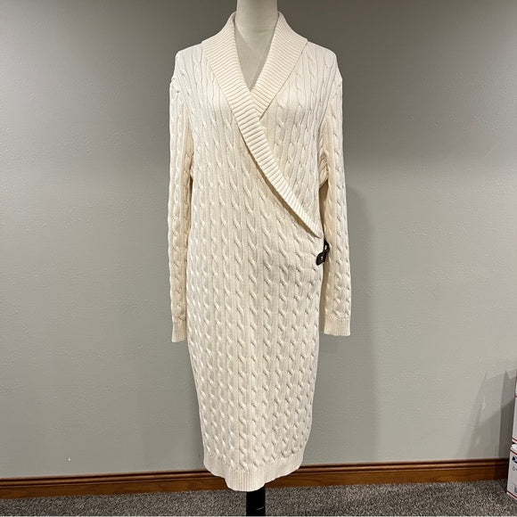 RALPH LAUREN cream Cable-knit Buckle-trim Sweater Dress size XXL