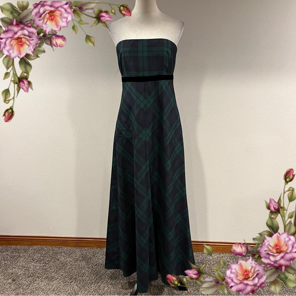 Talbots BLACK WATCH PLAID holiday strapless maxi silk dress size 8
