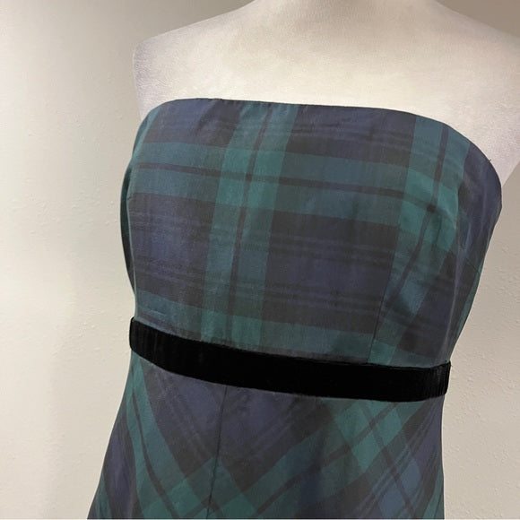 Talbots BLACK WATCH PLAID holiday strapless maxi silk dress size 8